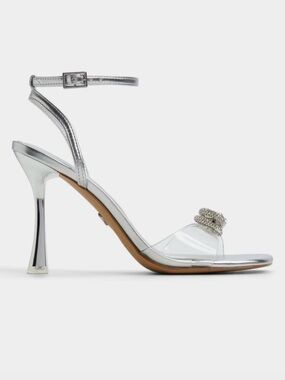 Aldo Silver Metallic Ankle-Strap Heeled Sandals with Rhinestone Accent